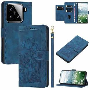 For Xiaomi 15 Tulips Embossed Leather Phone Case with Lanyard(Blue)