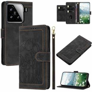 For Xiaomi 15 Tulips Embossed Leather Phone Case with Lanyard(Black)