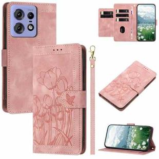 For Motorola Edge 50 Pro Tulips Embossed Leather Phone Case with Lanyard(Pink)