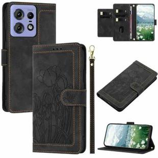 For Motorola Edge 50 Pro Tulips Embossed Leather Phone Case with Lanyard(Black)