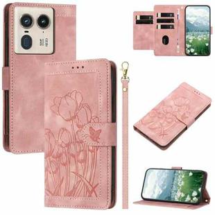 For Motorola Edge 50 Ultra Tulips Embossed Leather Phone Case with Lanyard(Pink)