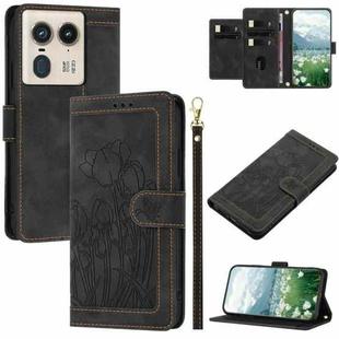 For Motorola Edge 50 Ultra Tulips Embossed Leather Phone Case with Lanyard(Black)