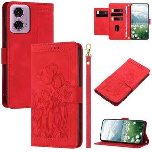 For Motorola Moto G 5G 2024 Tulips Embossed Leather Phone Case with Lanyard(Red)