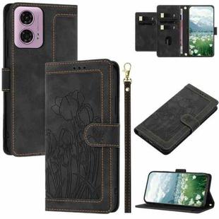 For Motorola Moto G 5G 2024 Tulips Embossed Leather Phone Case with Lanyard(Black)