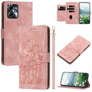 For Motorola Moto G14 / G54 Tulips Embossed Leather Phone Case with Lanyard(Pink)