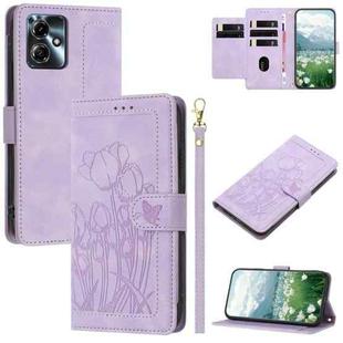 For Motorola Moto G14 / G54 Tulips Embossed Leather Phone Case with Lanyard(Purple)