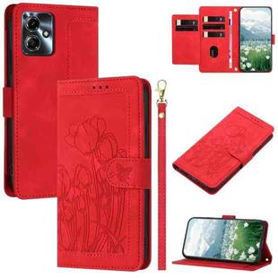 For Motorola Moto G14 / G54 Tulips Embossed Leather Phone Case with Lanyard(Red)