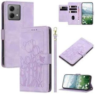 For Motorola Moto G84 Tulips Embossed Leather Phone Case with Lanyard(Purple)