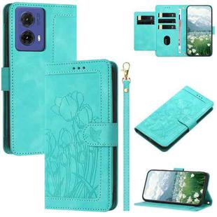 For Motorola Moto G85 Tulips Embossed Leather Phone Case with Lanyard(Green)