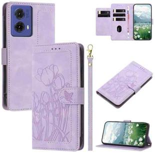 For Motorola Moto G85 Tulips Embossed Leather Phone Case with Lanyard(Purple)