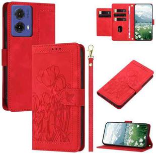 For Motorola Moto G85 Tulips Embossed Leather Phone Case with Lanyard(Red)