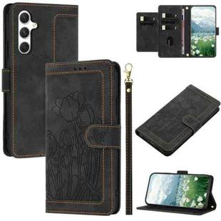 For Samsung Galaxy S24+ 5G Tulips Embossed Leather Phone Case with Lanyard(Black)