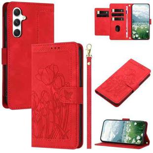 For Samsung Galaxy S24 FE 5G Tulips Embossed Leather Phone Case with Lanyard(Red)