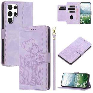 For Samsung Galaxy S23 Ultra 5G Tulips Embossed Leather Phone Case with Lanyard(Purple)