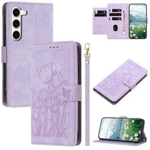 For Samsung Galaxy S23+ 5G Tulips Embossed Leather Phone Case with Lanyard(Purple)