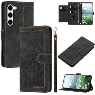 For Samsung Galaxy S23+ 5G Tulips Embossed Leather Phone Case with Lanyard(Black)