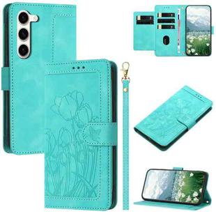 For Samsung Galaxy S23 5G Tulips Embossed Leather Phone Case with Lanyard(Green)