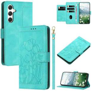 For Samsung Galaxy S23 FE 5G Tulips Embossed Leather Phone Case with Lanyard(Green)