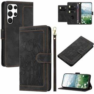 For Samsung Galaxy S22 Ultra 5G Tulips Embossed Leather Phone Case with Lanyard(Black)