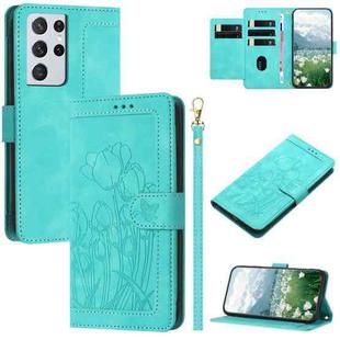 For Samsung Galaxy S21 Ultra 5G Tulips Embossed Leather Phone Case with Lanyard(Green)