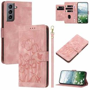 For Samsung Galaxy S21+ 5G Tulips Embossed Leather Phone Case with Lanyard(Pink)