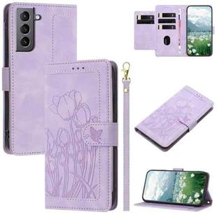 For Samsung Galaxy S21+ 5G Tulips Embossed Leather Phone Case with Lanyard(Purple)