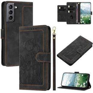 For Samsung Galaxy S21+ 5G Tulips Embossed Leather Phone Case with Lanyard(Black)