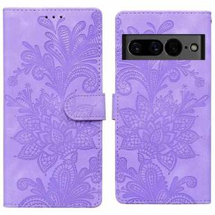 For Google Pixel 7 Lace Floral Embossed Magnetic Buckle PU Phone Case With Wrist Strap(Purple)