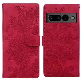 For Google Pixel 7 Lace Floral Embossed Magnetic Buckle PU Phone Case With Wrist Strap(Red)