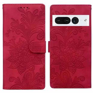 For Google Pixel 7 Pro Lace Floral Embossed Magnetic Buckle PU Phone Case With Wrist Strap(Red)