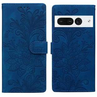 For Google Pixel 7 Pro Lace Floral Embossed Magnetic Buckle PU Phone Case With Wrist Strap(Blue)