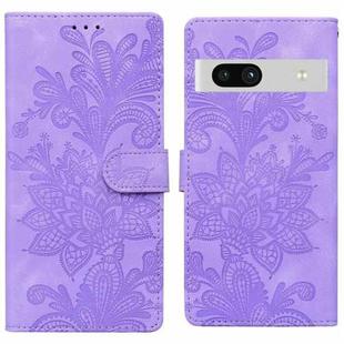 For Google Pixel 7A Lace Floral Embossed Magnetic Buckle PU Phone Case With Wrist Strap(Purple)