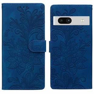 For Google Pixel 7A Lace Floral Embossed Magnetic Buckle PU Phone Case With Wrist Strap(Blue)