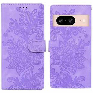 For Google Pixel 8 Lace Floral Embossed Magnetic Buckle PU Phone Case With Wrist Strap(Purple)