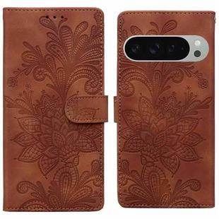 For Google Pixel 9 / 9 Pro Lace Floral Embossed Magnetic Buckle PU Phone Case With Wrist Strap(Brown)