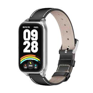 For Xiaomi Smart Band 9 Active / Redmi Band 3 Mijobs Metal Shell Genuine Leather Watch Band(Black Silver)