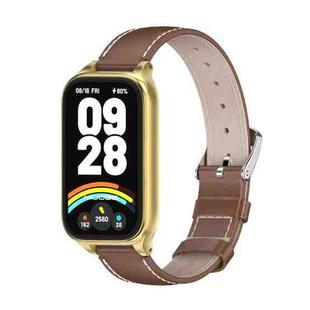 For Xiaomi Smart Band 9 Active / Redmi Band 3 Mijobs Metal Shell Genuine Leather Watch Band(Brown Gold)