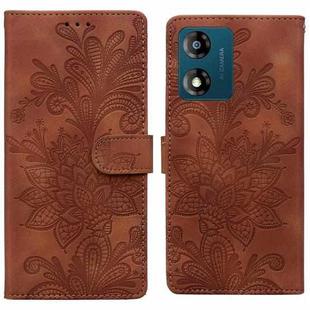 For Motorola Moto E13 Lace Floral Embossed Magnetic Buckle PU Phone Case With Wrist Strap(Brown)