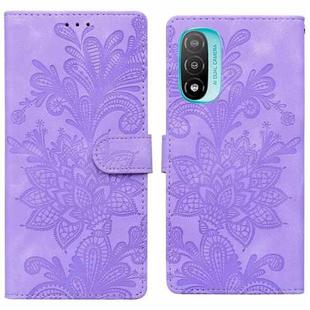 For Motorola Moto E20 Lace Floral Embossed Magnetic Buckle PU Phone Case With Wrist Strap(Purple)