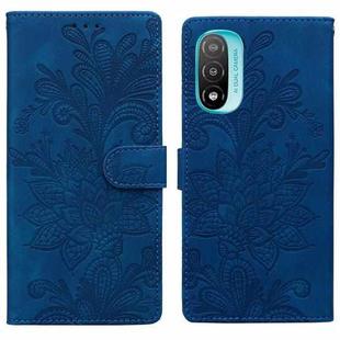 For Motorola Moto E20 Lace Floral Embossed Magnetic Buckle PU Phone Case With Wrist Strap(Blue)