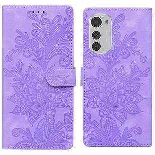 For Motorola Moto E32 4G / E32S Lace Floral Embossed Magnetic Buckle PU Phone Case With Wrist Strap(Purple)