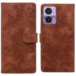 For Motorola Edge 30 Lace Floral Embossed Magnetic Buckle PU Phone Case With Wrist Strap(Brown)