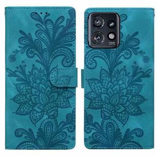 For Motorola Edge+ 2023 Lace Floral Embossed Magnetic Buckle PU Phone Case With Wrist Strap(Green)