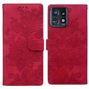 For Motorola Edge+ 2023 Lace Floral Embossed Magnetic Buckle PU Phone Case With Wrist Strap(Red)