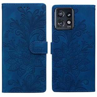 For Motorola Edge+ 2023 Lace Floral Embossed Magnetic Buckle PU Phone Case With Wrist Strap(Blue)