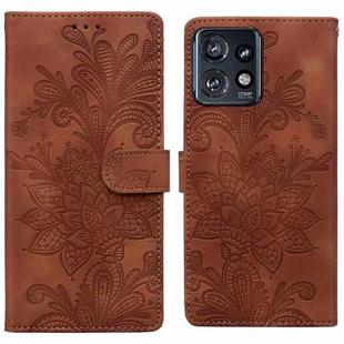 For Motorola Edge+ 2023 Lace Floral Embossed Magnetic Buckle PU Phone Case With Wrist Strap(Brown)