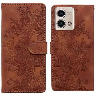 For Motorola Moto G 5G 2023 Lace Floral Embossed Magnetic Buckle PU Phone Case With Wrist Strap(Brown)