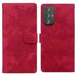 For Motorola Moto G Power 2022 Lace Floral Embossed Magnetic Buckle PU Phone Case With Wrist Strap(Red)