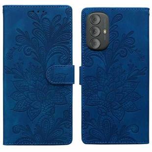 For Motorola Moto G Power 2022 Lace Floral Embossed Magnetic Buckle PU Phone Case With Wrist Strap(Blue)