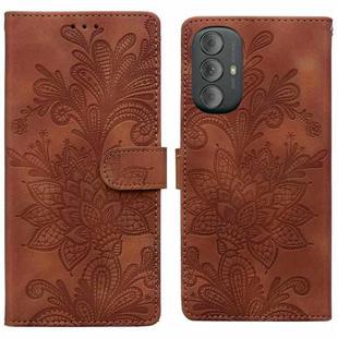 For Motorola Moto G Power 2022 Lace Floral Embossed Magnetic Buckle PU Phone Case With Wrist Strap(Brown)